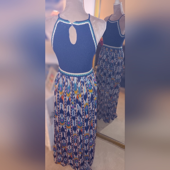 Xhiliration~Blue Crochet Tank Top Bohemian Colorful Aztec Maxi Dress - Picture 9 of 14